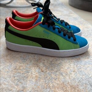 Puma Kids Green & Blue Suede Sneakers with Black Stripe